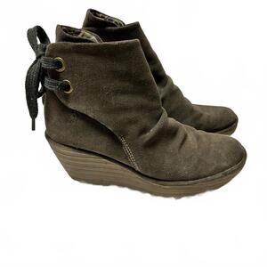 Fly London Shoes Yama Sludge Suede Booties Platform Wedge Ankle Boot | Size 39